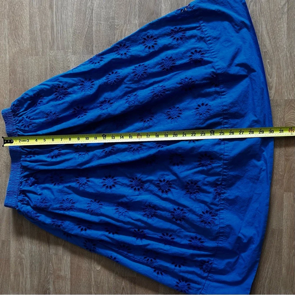 J.Crew blue midi cotton skirt w elastic waistband, floral embroidery. Sz PXS